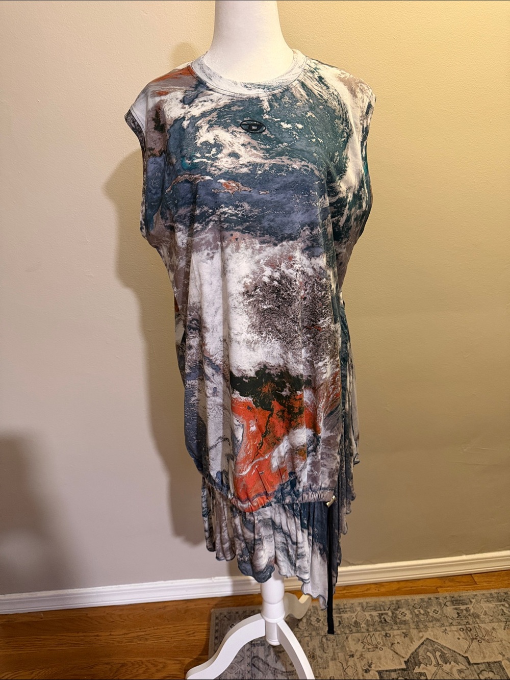 DIESEL Abstract Print Sleeveless Women's Dress in Teal, White & Rust - XS